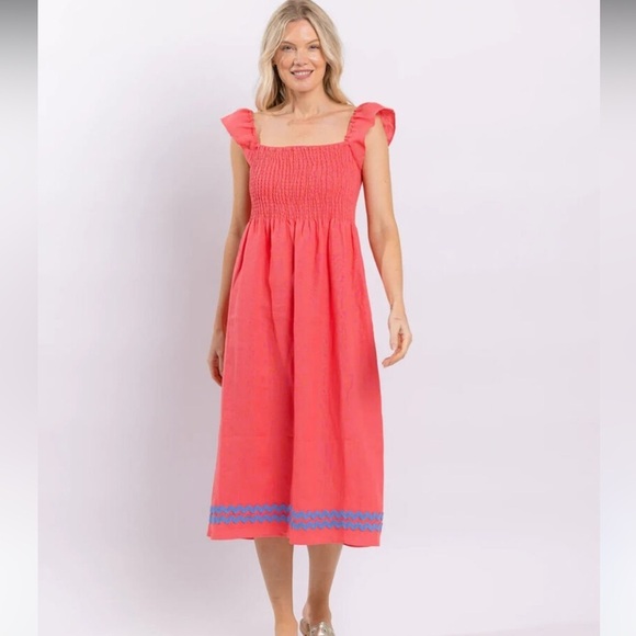 Sail to Sable coral‎ linen midi dress with periwinkle detail - Picture 1 of 12